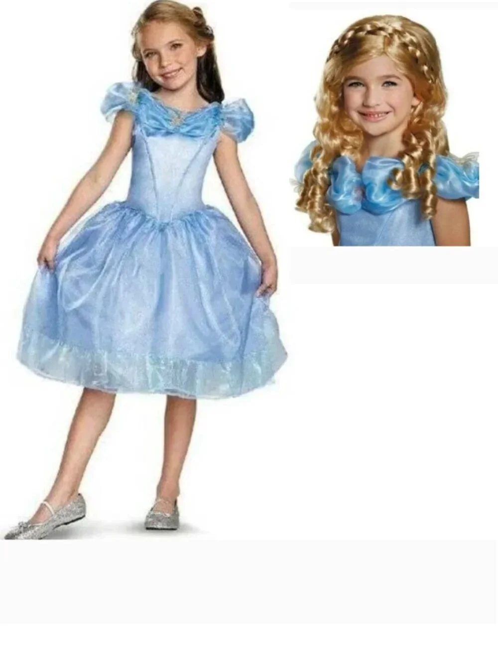 Princess Cinderella Halloween Costume 7/8 Blue Dress & Wig Disney Girls